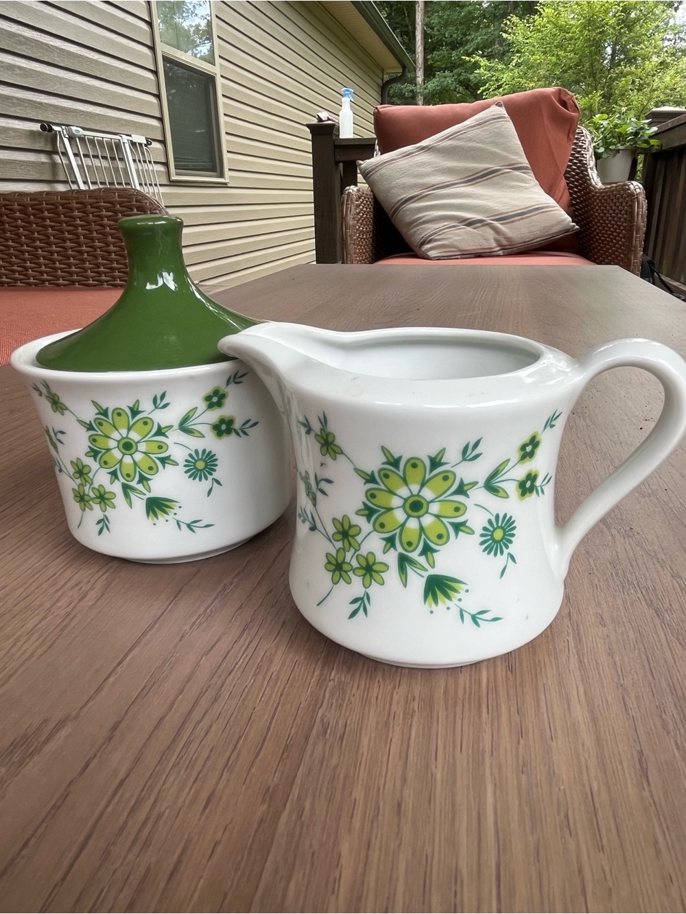 Vintage Floral Creamer and Sugar Set - White with Green Floral Pattern